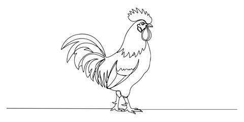 Continuous one line drawing of a rooster standing upright, representing confidence and awakening, line art style vector illustration.