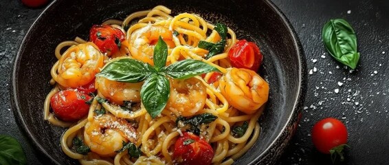 A dark bowl of shrimp pasta with a garnish of fresh basil and cherry tomatoes.  ingredients combined with sauce and noodles.  A lovely presentation of a delicious seafood lunch.