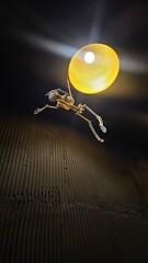 A low-angle shot of a replica skeleton suspended beneath a bright yellow conical lamp, amidst the dark atmosphere of a vertically grooved wall, creates a strange and intriguing feeling.