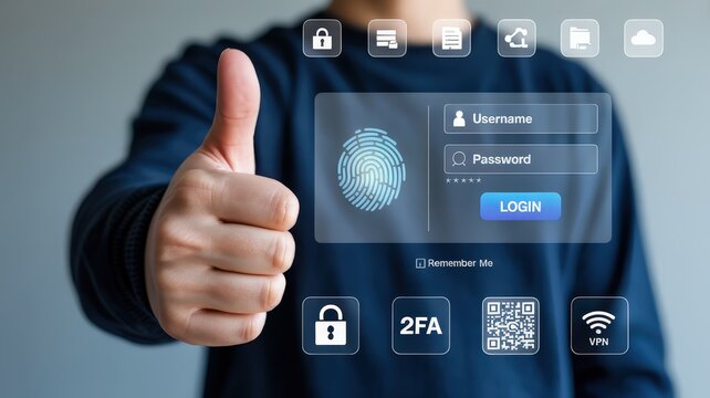 Person gives approval gesture near a holographic interface displaying secure login and authentication options