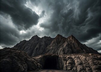 Dramatic mountain landscape with dark stormy clouds and cave entrance
