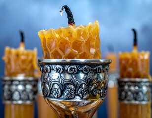 Close-up of natural beeswax candles with unique honeycomb texture in ornate silver holders perfect