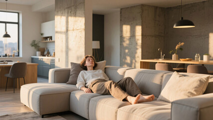 A person resting quietly on a stylish modular sofa in a sunlit open-plan apartment, eyes gently closed in subtle post-viral asthenia, surrounded by concrete accents, soft textiles, and warm golden-hou