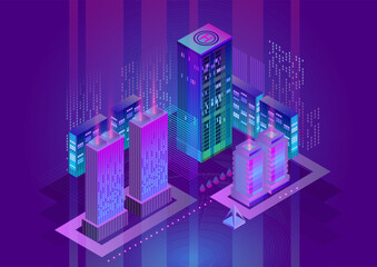 Isometric Futuristic Smart City with Neon Lights