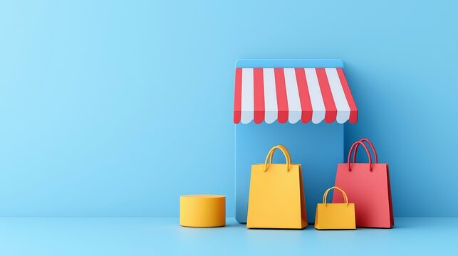business  technology  startup  IoT concept Colorful shopping bags beside a striped stall on a blue background.