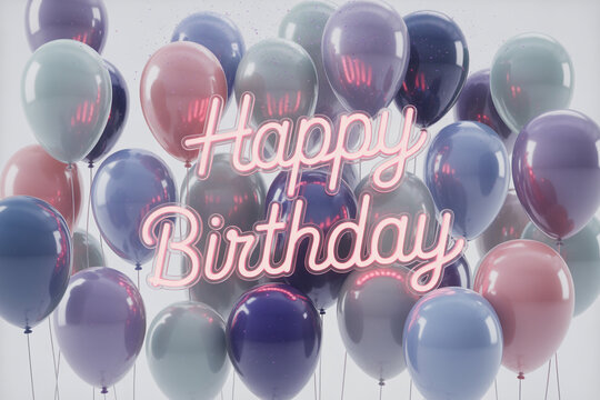 Celebrate with style using these elegant pastel balloons and a glowing Happy Birthday sign for a modern, joyful event or a special milestone celebration