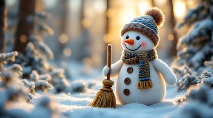 Knitted snowman toy with a carrot nose holding a broom in a snowy winter forest with golden hour light for festive holiday concept and childhood joy