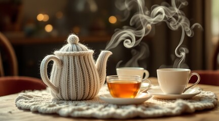 Knitted teapot and steaming hot tea cups on a rustic wooden table with soft background for a cozy home comfort concept and mindful living