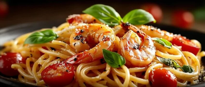A dark bowl of shrimp pasta with a garnish of fresh basil and cherry tomatoes.  ingredients combined with sauce and noodles.  A lovely presentation of a delicious seafood lunch.