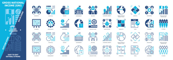 Gross National Income GNI icon set. Investment, Citizens, Export, Economic Growth, Government, Resources, Budget, Welfare. Duotone color solid and editable outline icons