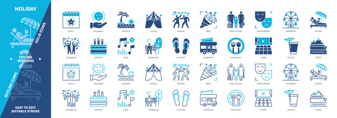 Holiday icon set. Music, Party, Family Holiday, Amusement, Birthday, Cinema, Recreation, Vacation. Duotone color solid and editable outline icons