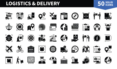 Set of 50 solid icons related to Logistics and Delivery. Containing planning, distribution, route, order, shipment, van, freight and more. Pictograms for web, mobile app and infographics
