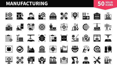 Set of 50 solid icons related to Manufacturing. Containing resources, management, employees, worker, technology, factory, manufacture and more. Pictograms for web, mobile app and infographics