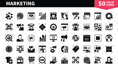 Set of 50 solid icons related to Marketing. Containing trade, sharing, audience, newsletter, rating, store, payments and more. Pictograms for web, mobile app and infographics