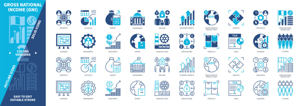 Gross National Income GNI icon set. Investment, Citizens, Export, Economic Growth, Government, Resources, Budget, Welfare. Duotone color solid and editable outline icons