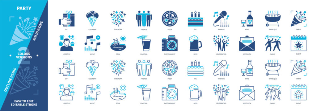 Party icon set. Dance, Ice Cream, Celebrating, Pizza, Wine, Lifestyle, Firework, Photography. Duotone color solid and editable outline icons