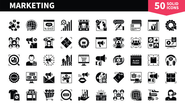 Set of 50 solid icons related to Marketing. Containing trade, sharing, audience, newsletter, rating, store, payments and more. Pictograms for web, mobile app and infographics