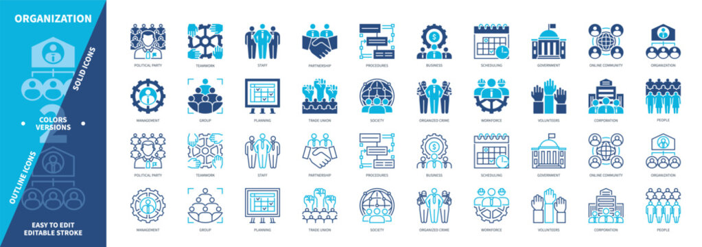 Organization icon set. Teamwork, Organized Crime, Group, Online Community, Procedures, Staff, Scheduling, Business. Duotone color solid and editable outline icons