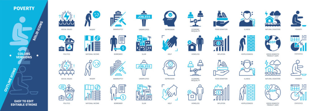 Poverty icon set. Unemployed, Misery, Depression, Hopelessness, Natural Disaster, Borrower, Inflation, Homeless. Duotone color solid and editable outline icons