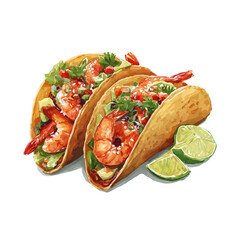 Isometric-style watercolor depiction of Shrimp Tacos, set against a white background.