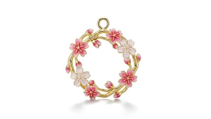 A beautifully crafted gold wreath pendant adorned with delicate cherry blossom sprigs and soft pink petals, isolated on a white background
