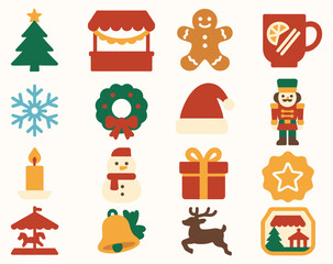Fototapeta premium Christmas Market Holiday Icons with Tree, Gifts, and Festive Decorations