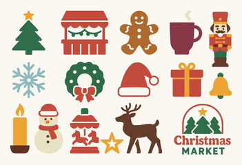 Christmas Market Holiday Icons with Tree, Gifts, and Festive Decorations