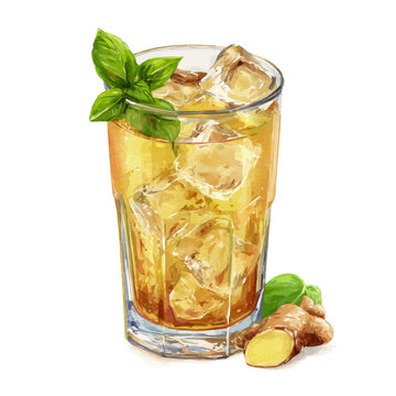 Artistic isometric watercolor image of Ginger Ale, isolated on a white surface.