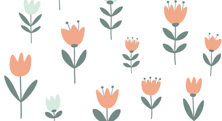 Whimsical seamless floral pattern with cute hand-drawn peach and mint flowers on a white background, perfect for textiles or nursery decor.