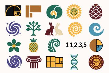 Fibonacci Day Icon Set with Mathematical and Natural Patterns