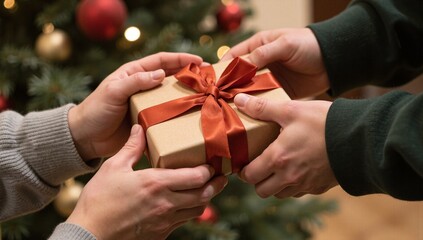 Hands giving Christmas gift box with ribbon