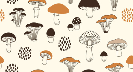 A charming hand-drawn seamless pattern featuring various mushrooms in earthy tones, perfect for autumn and nature-themed designs.