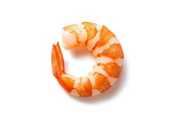 Single cooked shrimp with orange and white shell on a white background
