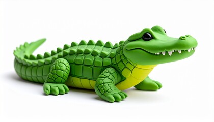 Obraz premium Colorful green crocodile toy made of plastic rests on a white surface in a well-lit setting showcasing its fun design