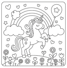 Fototapeta premium Black and white line art coloring page of a unicorn with rainbow and flowers vector