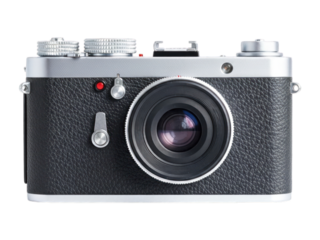 Classic-style black and silver film rangefinder camera, centered