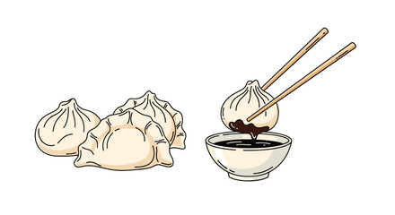 Cartoon illustration of traditional Asian dumplings, featuring gyoza and a steamed bun being dipped into soy sauce with chopsticks.