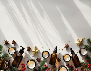 Elegant Christmas Skincare Product Flat Lay with Holiday Decoration Elements