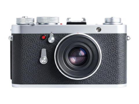Classic-style black and silver film rangefinder camera, centered