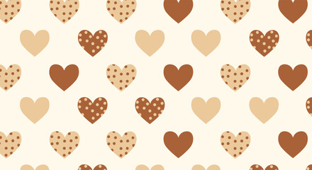 Adorable seamless pattern featuring various hearts in warm brown and beige colors, some decorated with polka dots, on a soft cream background.