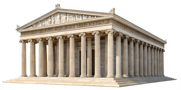 Classical Greek Temple Facade, Ancient Doric Columns and Pediment Architecture
