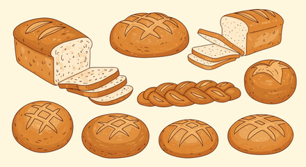 A diverse collection of various baked bread products, including loaves, sliced bread, braided bread, and individual rolls.