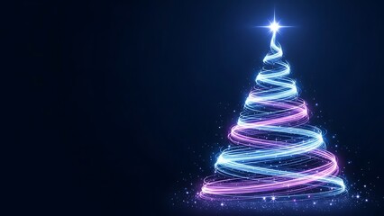 Abstract light painting christmas tree on dark background with copy space