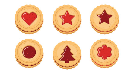 A charming illustration featuring six festive, jam-filled Linzer cookies with various cut-out shapes, including hearts, stars, and a Christmas tree.
