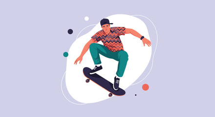 A stylish young man in a patterned shirt, green pants, and a cap is energetically skateboarding, jumping high above a subtle abstract purple background.