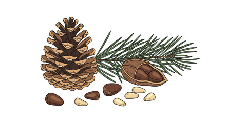 Detailed illustration of a pine cone, a branch with needles, and various pine nuts, including shelled and unshelled, on a white background.