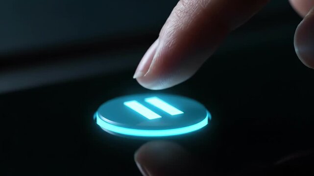 Futuristic close-up of a finger pressing a glowing blue control button transitioning to a rainbow digital audio equalizer visualization. 4K Slow Motion.