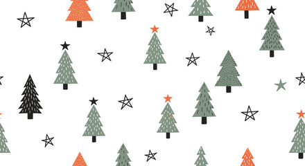 Seamless pattern of cute hand-drawn Christmas trees and stars in various colors on a white background, perfect for holiday designs and fabric.