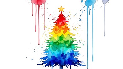 Colorful watercolor christmas tree with balloons on a white background