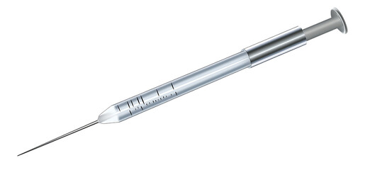 A sterile medical syringe with a fine needle and clear markings filled with liquid isolated on transparent background